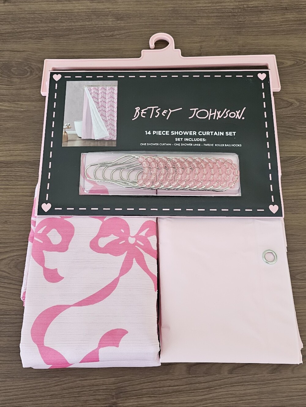Betsey Johnson Pink Bow Shower Curtain , Liner And Hooks Set